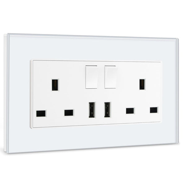 BSEED Double Socket 13A with LED Indicator, Double Switched Wall Socket 2 Gang UK Standard, Electric Switched Plug Power Wall Outlet with Glass Panel, Grey