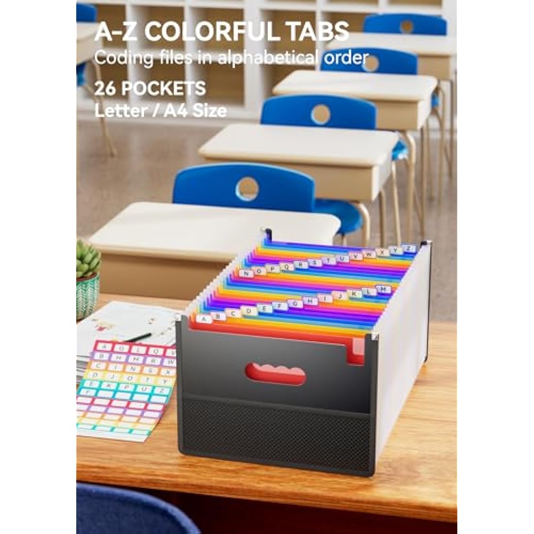 ABC life 26 Pockets Expanding File Folder Accordion File Organiser with Mesh Bag,Portable Rainbow A4 Size Document Filing Box, Accordian Expandable Paper/Bill/Receipt Storage Bag with A-Z Colored Tabs