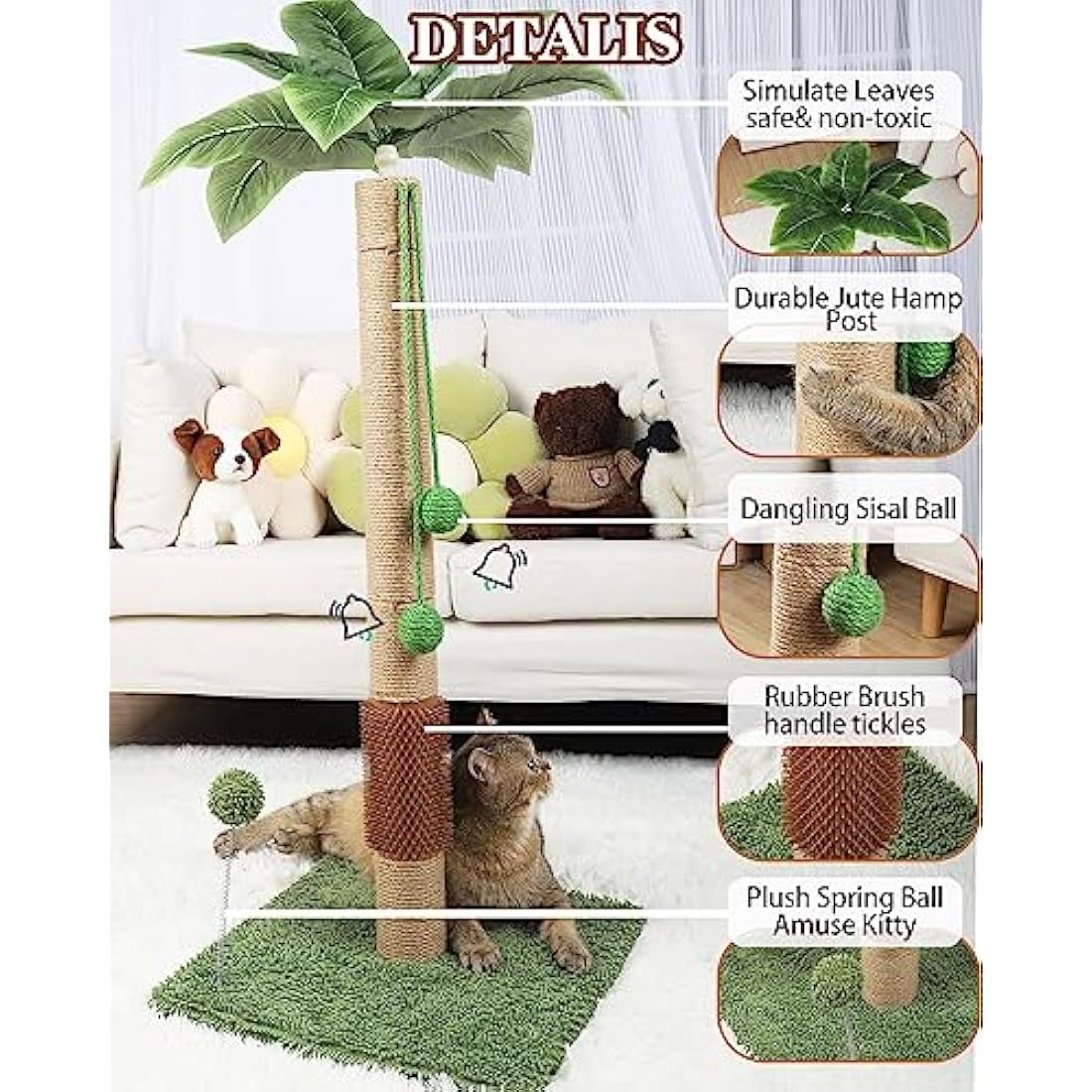 ANWA 35" Tall Cat Scratching Post for Kitten and Large Cats, Scratching Post for Indoor Cats with Self-Grooming Rubber Brush, Cat Sisal Post with Simulated Leaves, Green