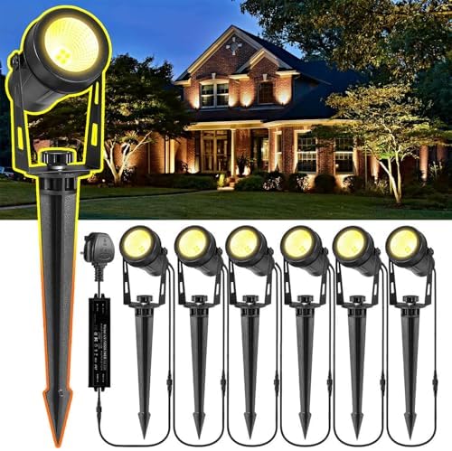 GreenClick Garden Spotlights Mains Powered,1600LM LED Garden Spike Lights with 21M Cable,IP65 Waterproof Extendable Outdoor Spotlights for Pathway Lighting Lawn Path Yard Driveway (6Pack Warm White)
