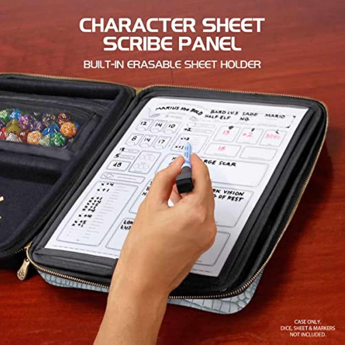 ENHANCE Collector's Edition RPG Organizer Case - DnD Binder with Built-in Character Sheet Holder and Erasable Scribe Panel, Dice Rolling Area, Removable Pen Pouch, Miniature Foam Tray (Dragon Silver)