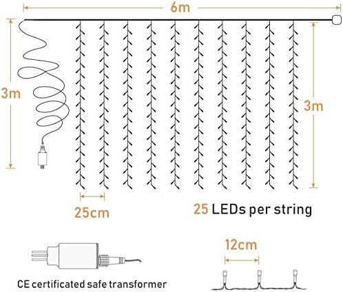 Elegear 6m x 3m Curtain Lights Mains Powered 600 LED, Plug in Outdoor Waterfall Fairy String Lights with 8 Modes for Christmas, Xmas, Garden, Patio, Wedding, Bedroom, Inodoor Decoration, Warm White
