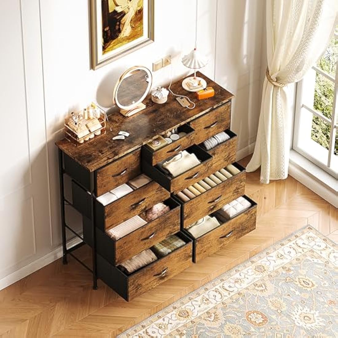 Flrrtenv Chest of Drawers, 100cm Wide Dresser for Bedroom with 10 Drawers, Tall Fabric Storage Organizer Fit for Nursery, Living Room, Closet - Rustic Brown