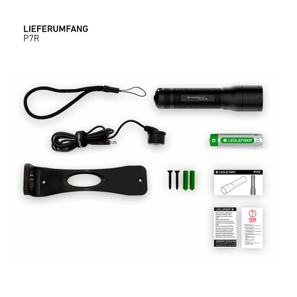 Ledlenser P7R torch LED, 1000 lumens, rechargeable Lithium 18650 battery, 210m long distance beam, focusable, up to zu 40h runtime, incl. magnetic charging system and wall mounting, Flashlight