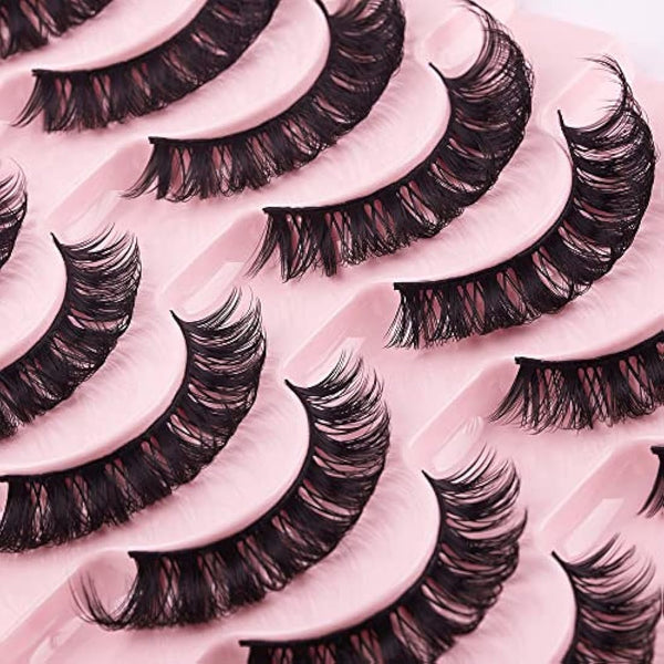 False Eyelashes Russian Strip Lashes Natural Fluffy Wispy D Curly 10 Pairs Reusable Fake Eyelashes Faux Mink Lashes Thick Short Soft Eyes Lash