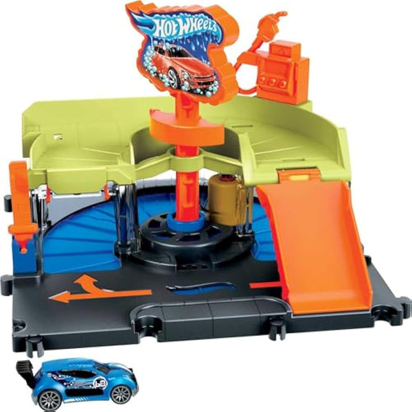 Hot Wheels City Toy Track Set, Downtown Express Car Wash Playset with 1:64 Scale Vehicle, Foam Roller & Drying Flaps, HDR27