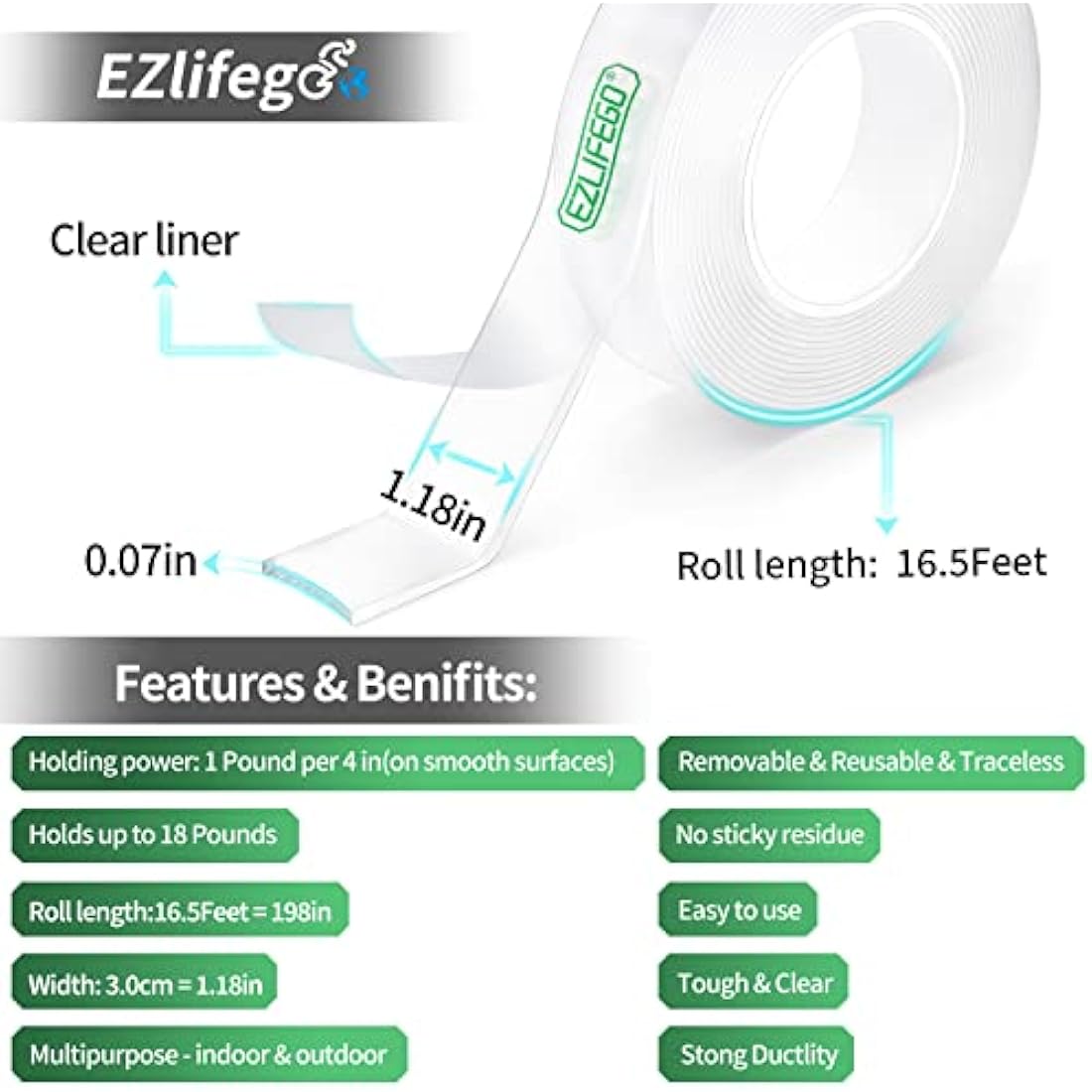EZlifego Double Sided Tape Heavy Duty, Extra Large Strong Nano Mounting Tape Sticky Pads(5.0m * 3.0cm), Multipurpose Removable Clear adhesive Picture Hanging Strips, Easy to Use