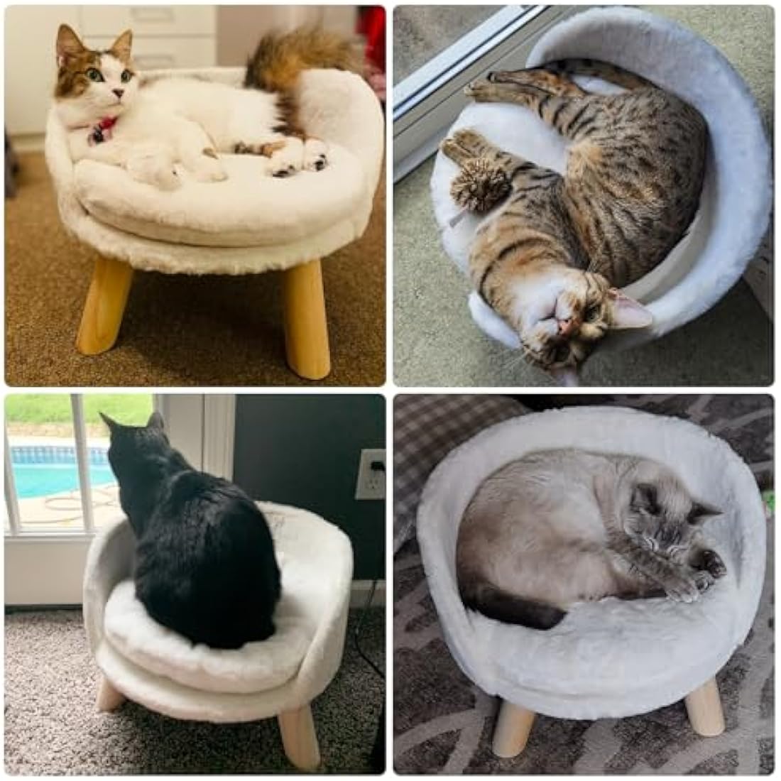 BingoPaw Cat Sofa Chair Bed: Elevated Nordic Pet Stool Bed with Removable Waterproof Mat - Raised Plush Fur Dog Kitten Couch with Wooden Legs Frame (Dia 40cm)