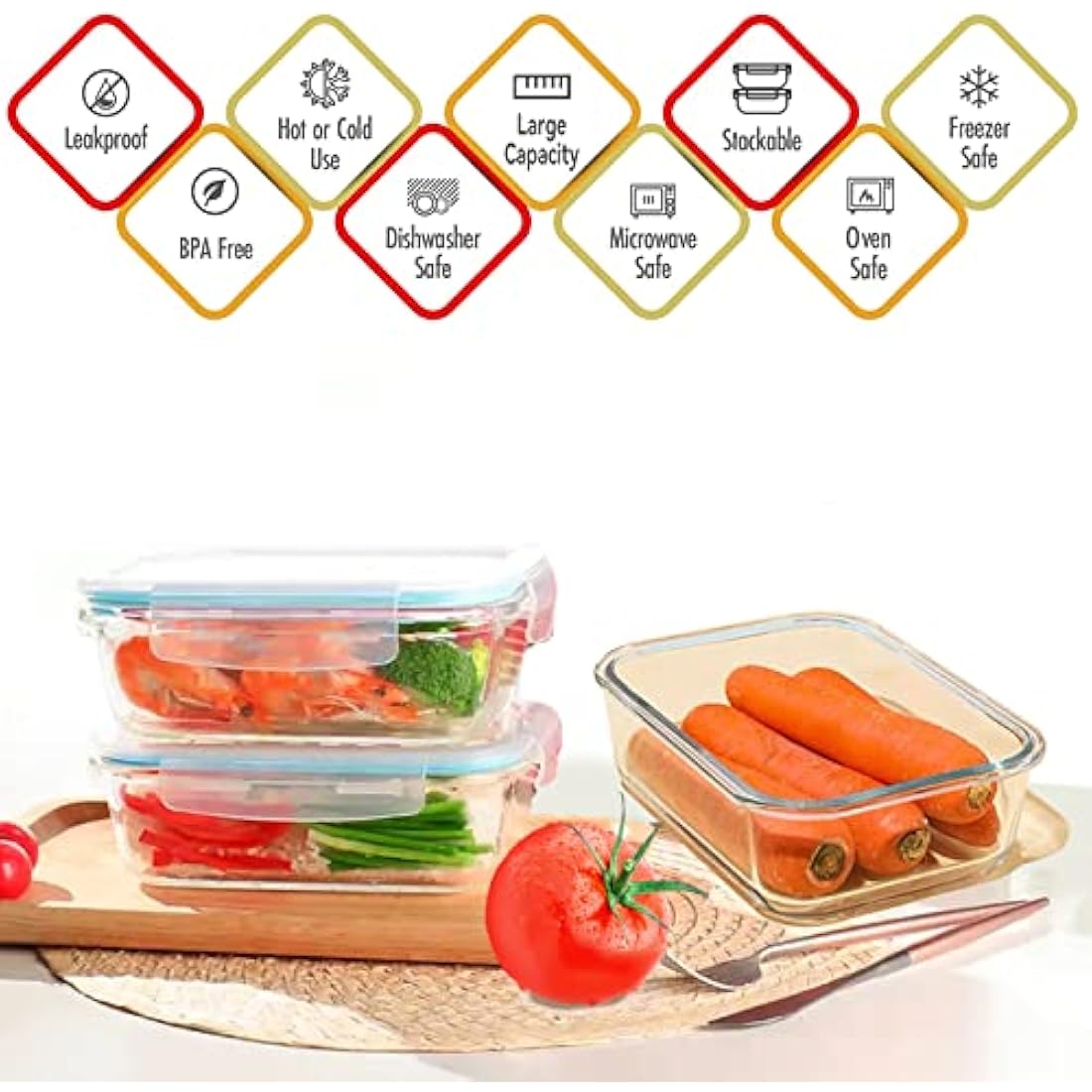 Luvan 1520ML Large Glass Food Storage Containers with Lids, Airtight Glass Meal Prep Containers Set Lunch Box BPA Free & Leak-Proof for Microwave,Oven,Freezer and Dishwasher Safe