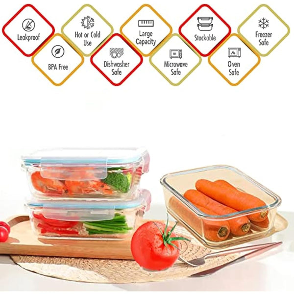 Luvan 1520ML Large Glass Food Storage Containers with Lids, Airtight Glass Meal Prep Containers Set Lunch Box BPA Free & Leak-Proof for Microwave,Oven,Freezer and Dishwasher Safe