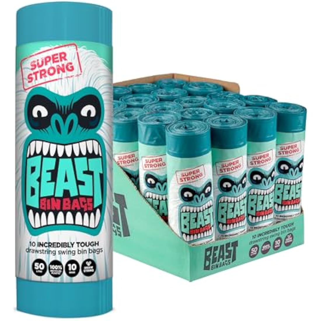 BEAST BIN BAGS, Mega Pack, 20 Rolls of 10 x 50 Litre Bags (Total 200 Bags) - Made From 100% Recycled LLDPE - Incredibly Strong Drawstring Swing Blue Bin Bags