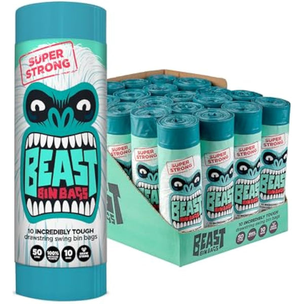 BEAST BIN BAGS, Mega Pack, 20 Rolls of 10 x 50 Litre Bags (Total 200 Bags) - Made From 100% Recycled LLDPE - Incredibly Strong Drawstring Swing Blue Bin Bags