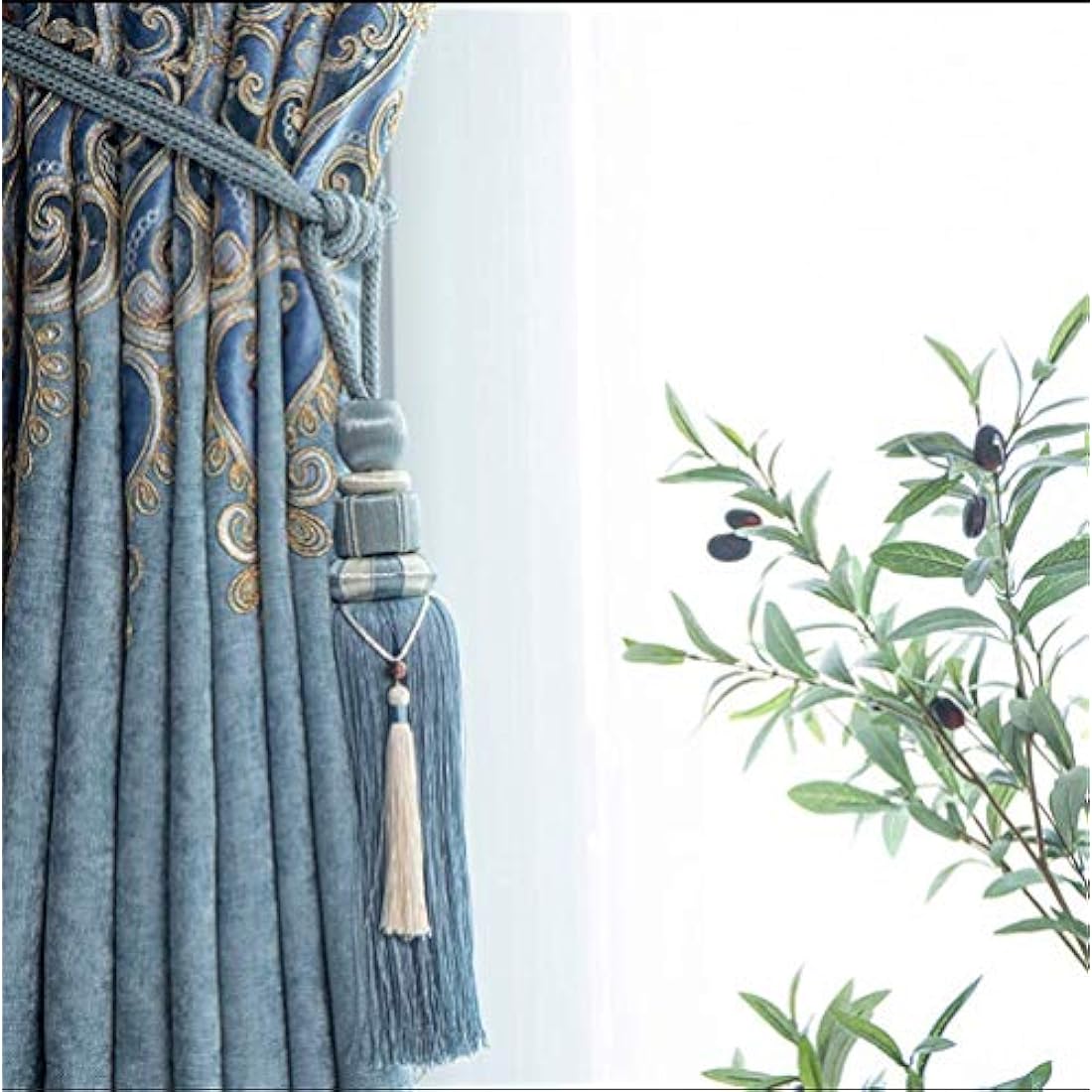 1 Pair Curtain Tiebacks Holdbacks Clip Binding Rope Tie Backs Handmade Tassel Tiebacks Home Window Decorative (Blue2)