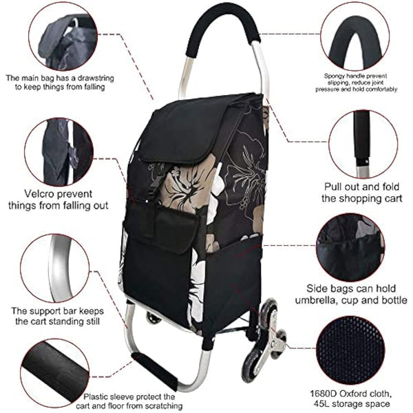 Folding Shopping Trolley 6 Wheels Stair Climber Cart with Removable Bag and Adjustable Elastic Cord 2 Extra Pockets Utility Trolley maximum capacity 50kg 45L (Flower)