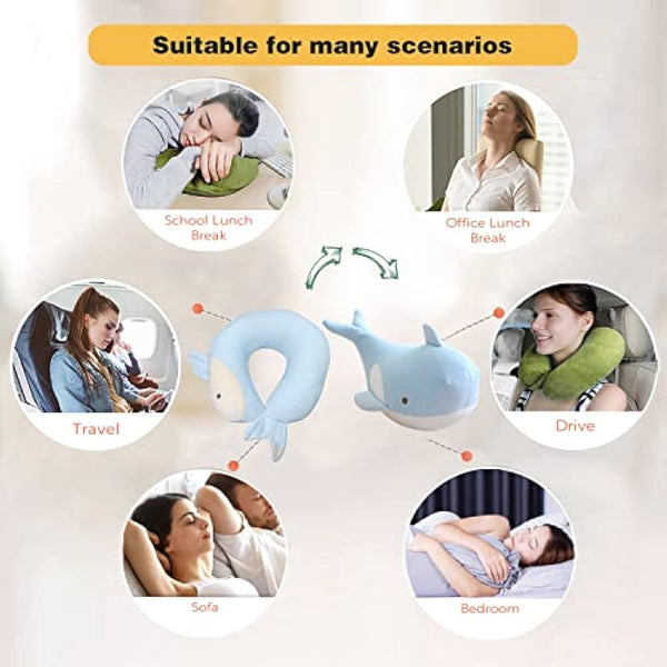JOYRAVO Kids Travel Pillow - 2-in-1 Deformable Neck Pillow, Soft U-Shaped Pillow with Cute Plush Animals Comfy Sleep and Play Companion for Airplanes, Cars, and Travel - Blue Whale
