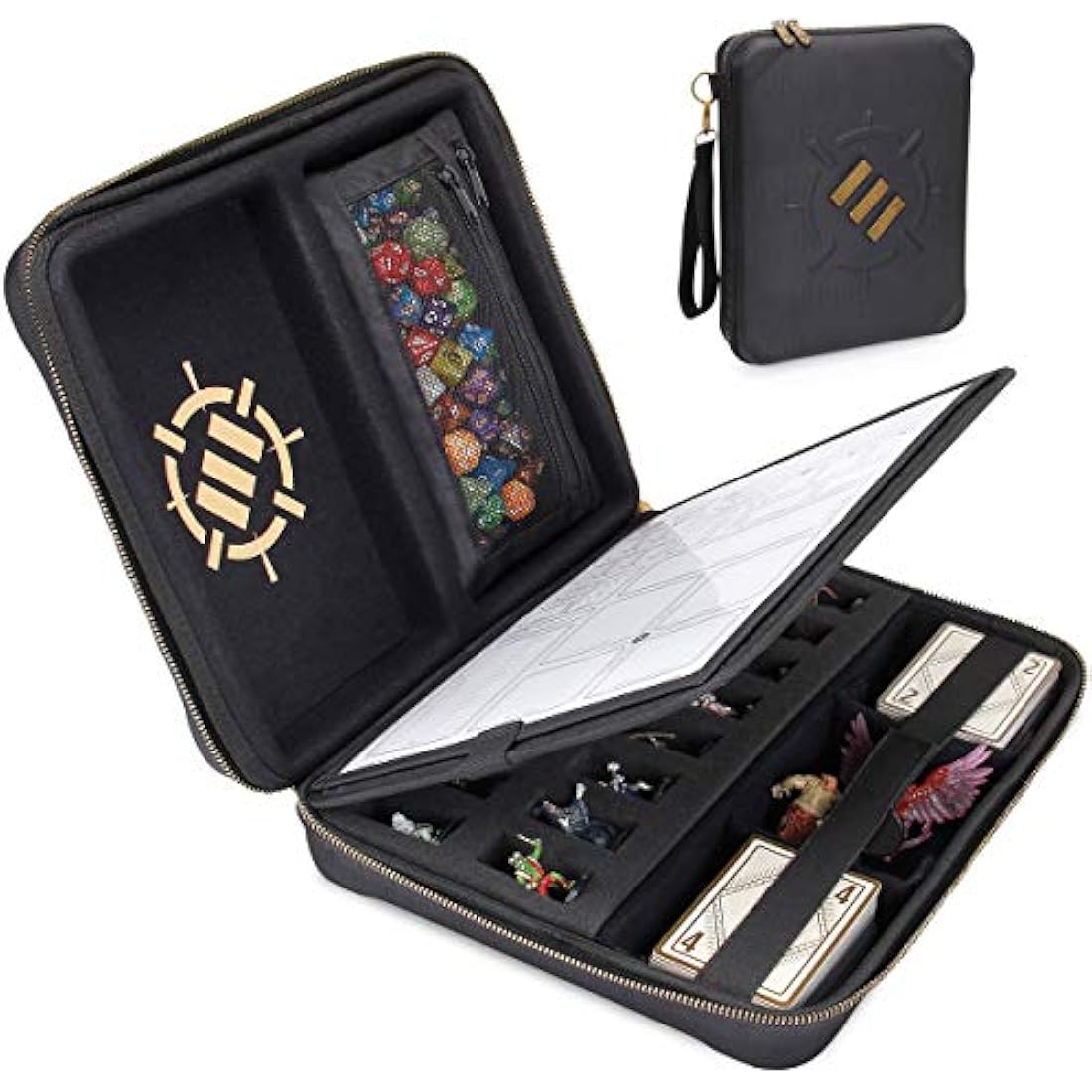 ENHANCE RPG Organizer Case - DND Binder with Built-in Character Sheet Holder and Erasable Scribe Panel, Dice Rolling Area, Removable Pen Pouch, Miniature Foam Tray, Wrist Strap, and More (Black)