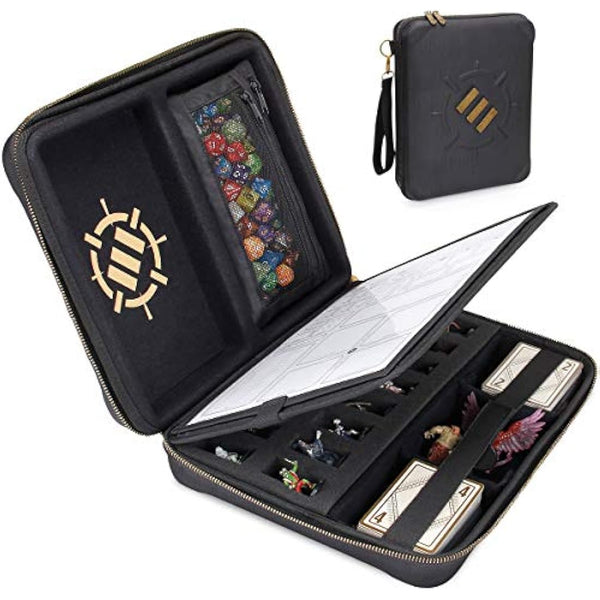 ENHANCE RPG Organizer Case - DND Binder with Built-in Character Sheet Holder and Erasable Scribe Panel, Dice Rolling Area, Removable Pen Pouch, Miniature Foam Tray, Wrist Strap, and More (Black)