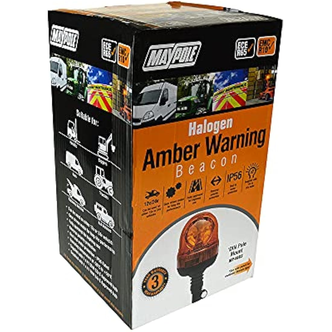 Maypole 12/24V 40x3W LED Amber Flashing Warning Beacon Flexi DIN Pole for Vans, Tractors, Recovery Vehicles, Forklifts
