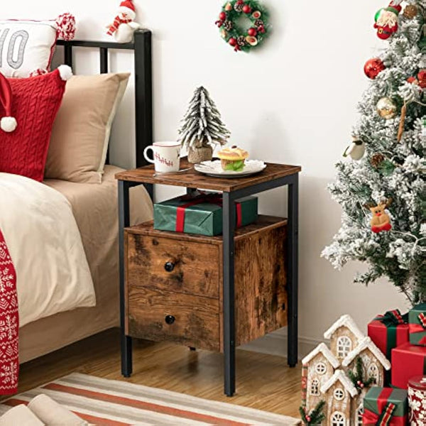 HOOBRO Bedside Table with 2 Drawers, Industrial Sofa Side End Table, Nightstand, End Table with Storage Shelves, for Living Room, Bedroom, Accent Furniture, Easy Assembly, Rustic Brown EBF43BZ01G2