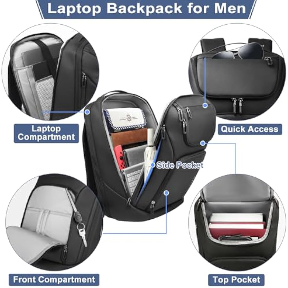 HEROIC KNIGHT Travel Laptop Backpack, 17.3 Inch Business Laptop Rucksack Bag With USB Charging Port, Water Resistant Carry on Backpack, Anti-Theft Computer Work Bag for Men Women-Black