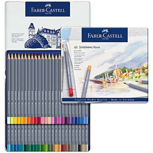 Faber-Castell Creative Studio Goldfaber Aqua Watercolour Pencil, Multicoloured (Multicoloured) Tin Of 48 Pencils, For Art, Craft, Drawing, Sketching, Home, School, University, Colouring