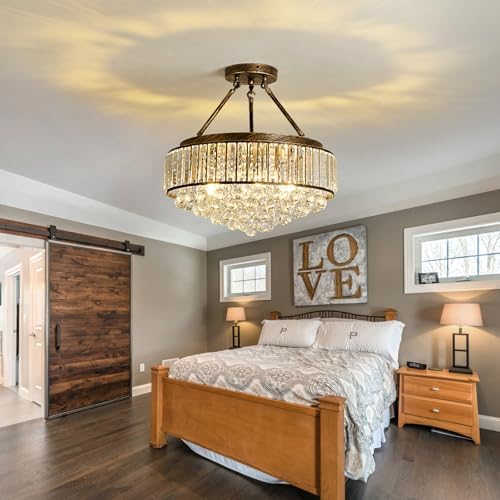 EOPSPYI 6-Lights Modern Crystal Chandelier Bronze Metal Semi Flush Mount Ceiling Light Fitting Round Ceiling Light for Dining Room Living Room Bedroom Bathroom Kitchen