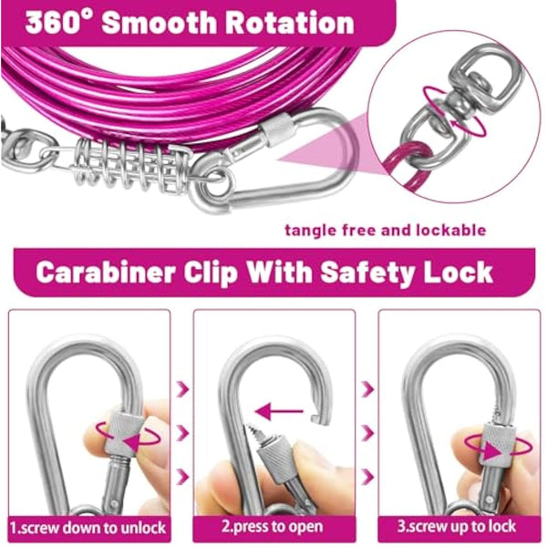 HaiYUAN Dog Tie Out Cable 10/15/20/25/30FT Dog Run Cable Rosy Pink/Blue/Purple/Silver/Red/Green/YellowTie Out Cable for Large Dogs Heavy Duty for Outside Hold Large Dogs Up to 250LBS