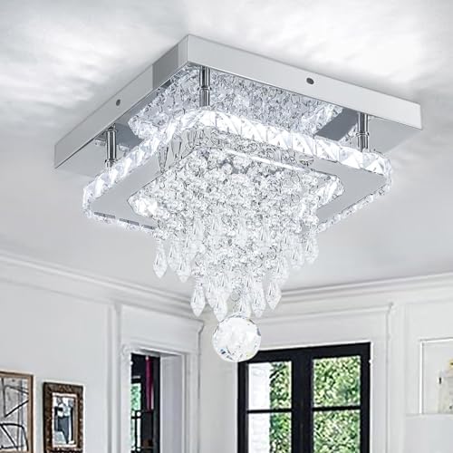 K9 Crystal Chandeliers Ceiling Light, Stainless Steel Square LED Ceiling Lights Light Fixture, Modern Flush Mount Ceilings Light for Hallway, Bedroom, Foyer, Kitchen,Living Room (Cool White)