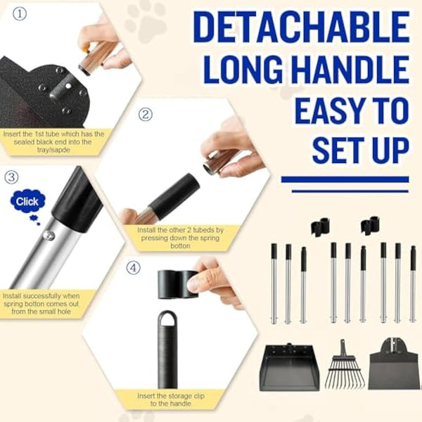 3 Pack Metal Pet Poop Scoop,Tray and Rake,Adjustable Long Handle with Bin for Pet Waste Removal,No Bending Poop Scooper Perfect for Large Medium Small Dogs