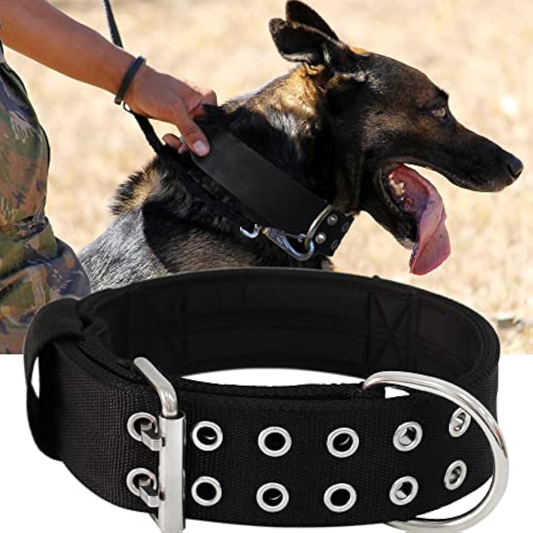 HQSHNY Dog Collar for Large Dogs - 5 cm Wide, Black, Neoprene & Nylon, Stainless Steel, Wide & Padded for Comfort & Safety, Handle for Extra Control, Suitable for Large Breeds, 56-66 cm