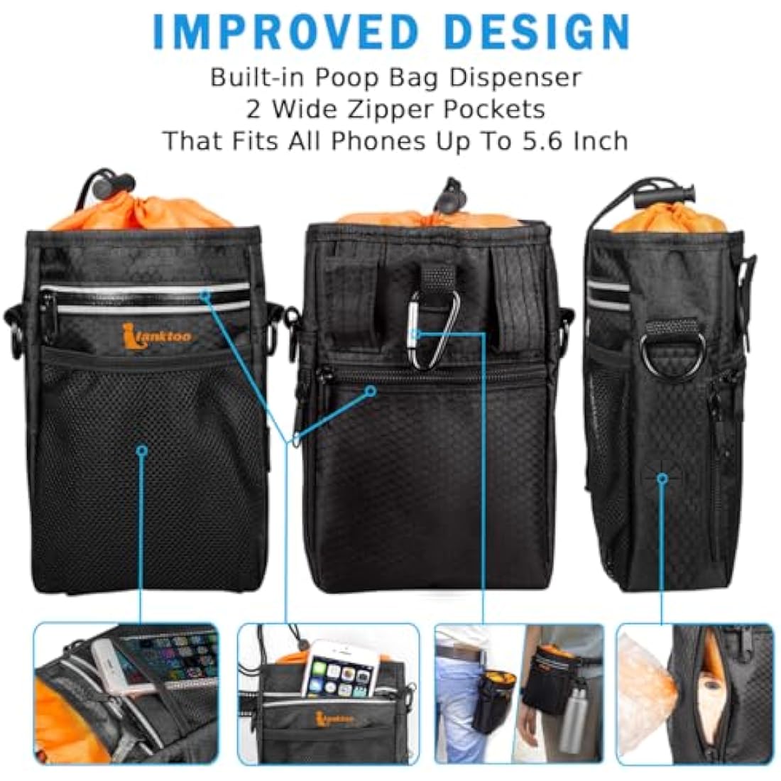 lanktoo Dog Treat Pouch Bag with Poop Bag Holder, Waterproof Puppy Training Walking Bag W/Shoulder Strap, Waist Belt and Clip, Easily Carrying Dog Toys, Food (Black+Orange)