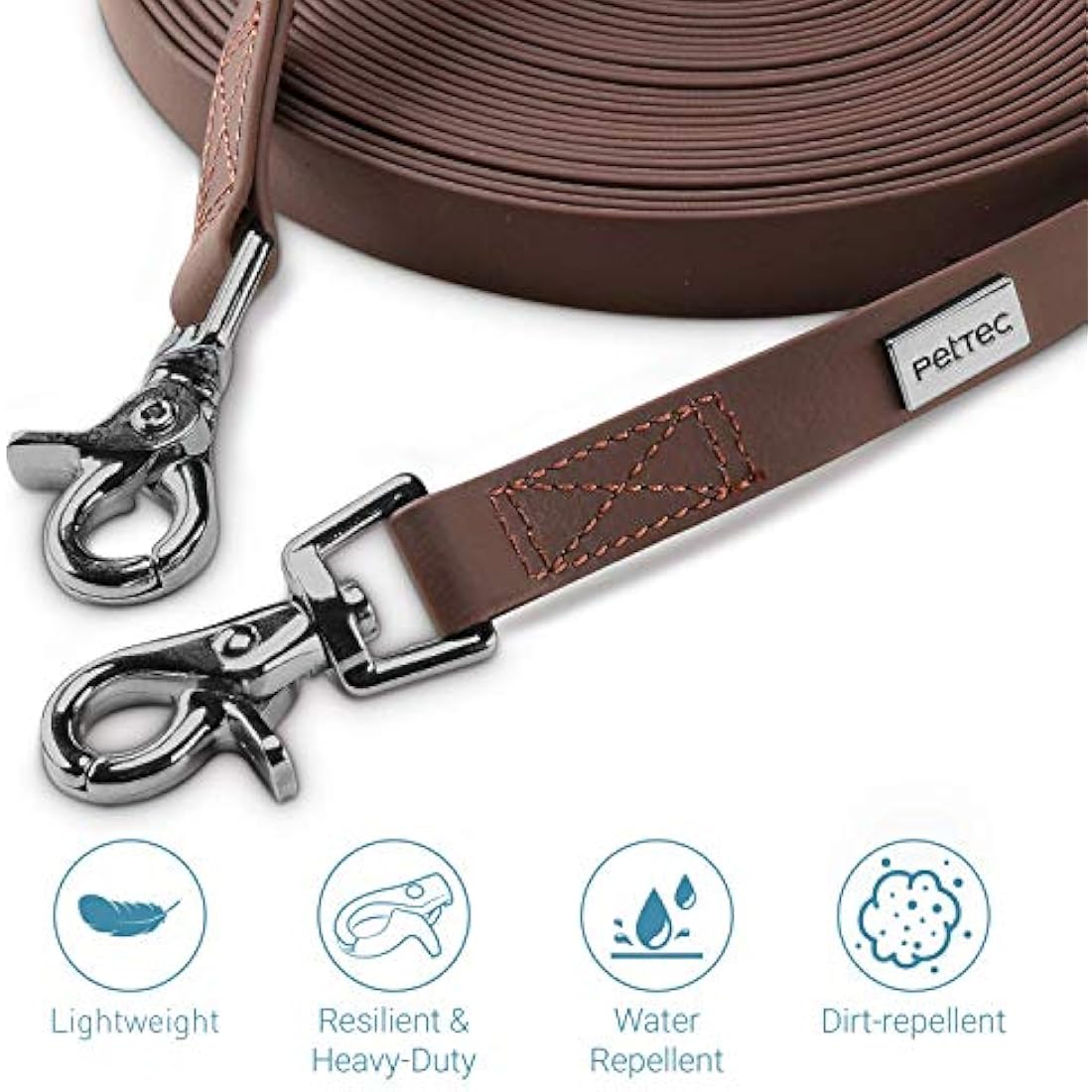 PetTec Dog Leash * 2m / 5.5ft & 10m / 33ft* Slim Edition, Comfortable to Handle, Tear Resistant, Strong Trioflex Material, Weatherproof, Robust Lead Line for Dogs Up to 50kg (Brown, 10m / 33ft)