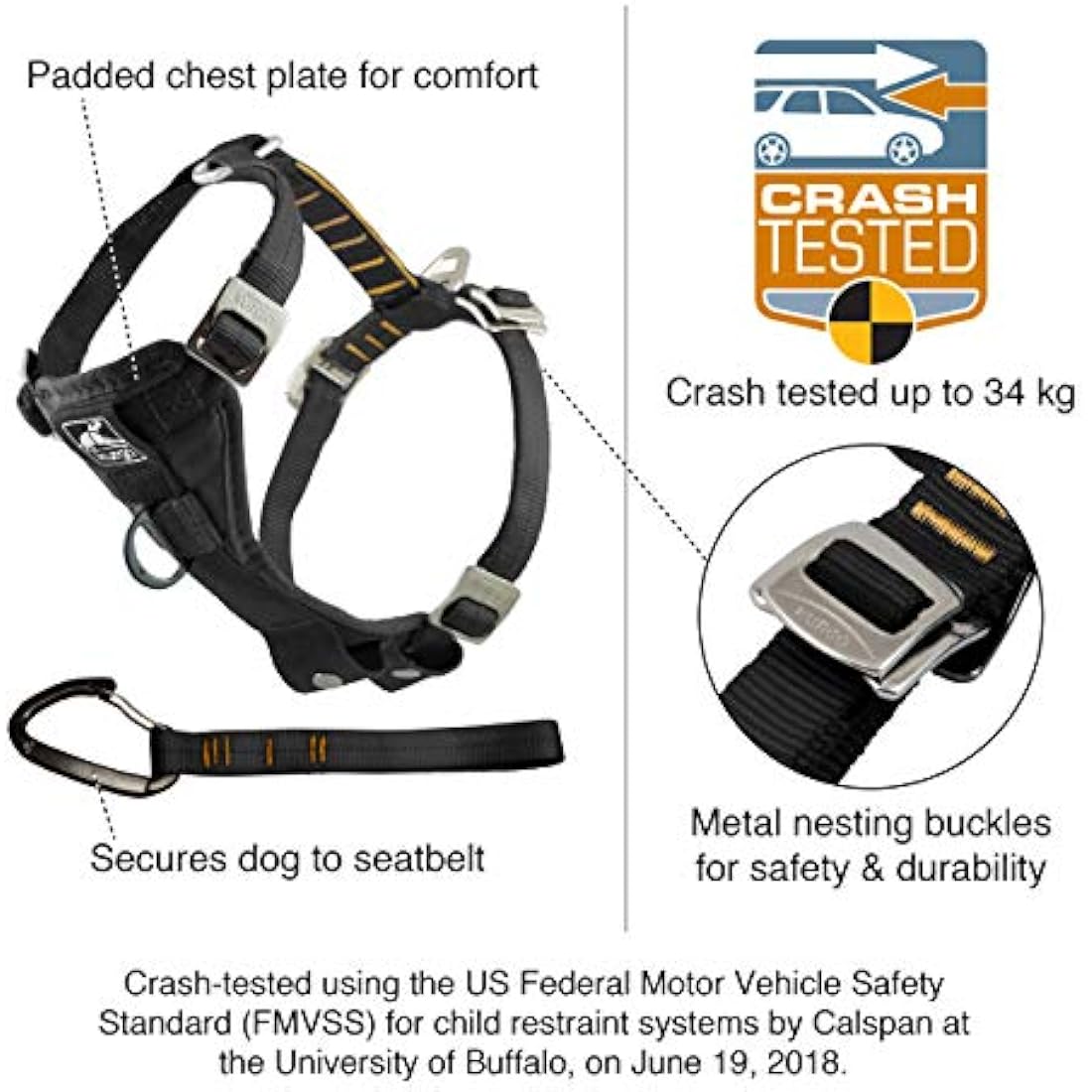 Kurgo Enhanced Strength Tru-Fit Dog Car Harness, Crash Tested, Steel Nesting Buckles, Includes Seatbelt Tether, Extra Small-Black