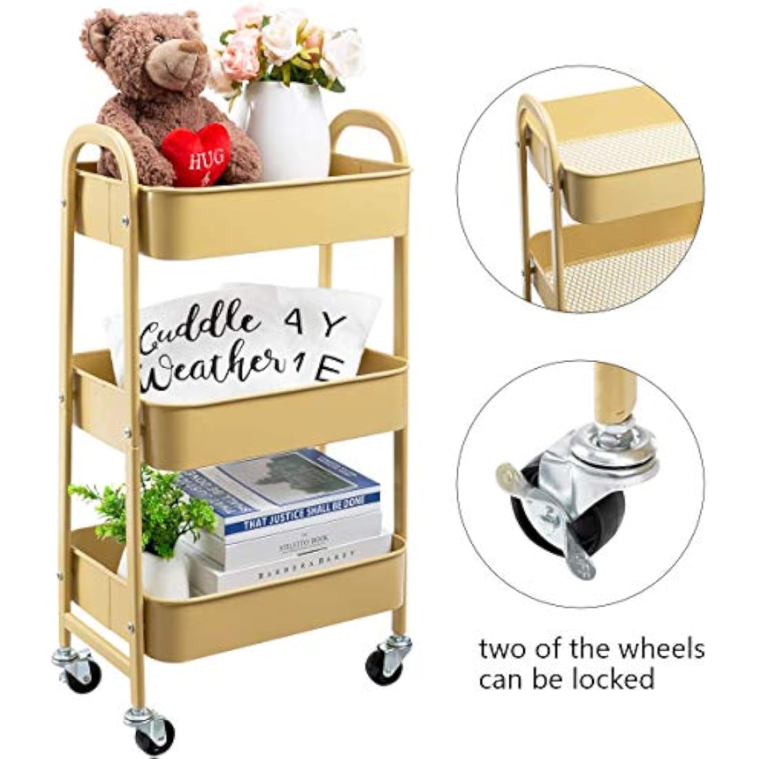 DOEWORKS Storage Trolley on Wheels 3-Tier Metal Storage Cart Rolling Kitchen Trolley Beauty Trolleys Craft Trolleys Utility Cart for Room Bathroom Office, Khaki Yellow