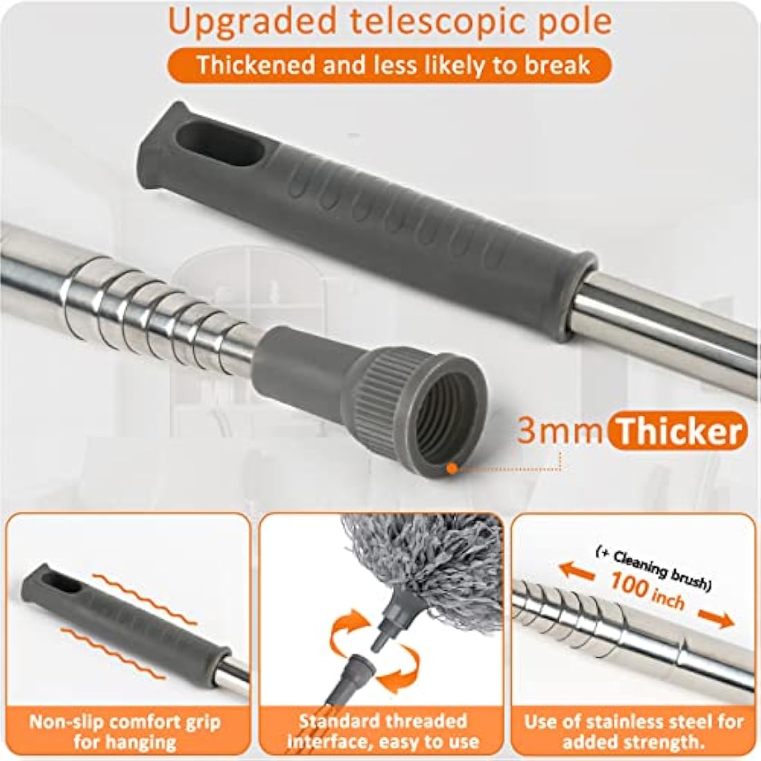 Feather duster 5PCS kit with 30-100 inch telescopic extension pole, detachable bendable and reusable gap hand crevice brush for cleaning dust cobwebs on high ceiling fans lights blinds cars furniture