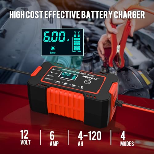 6-Amp Car Battery Charger, 12V Smart Fully Automatic Battery Charger with Temperature Compensation for Car Truck Motorcycle Marine Lead Acid Batteries