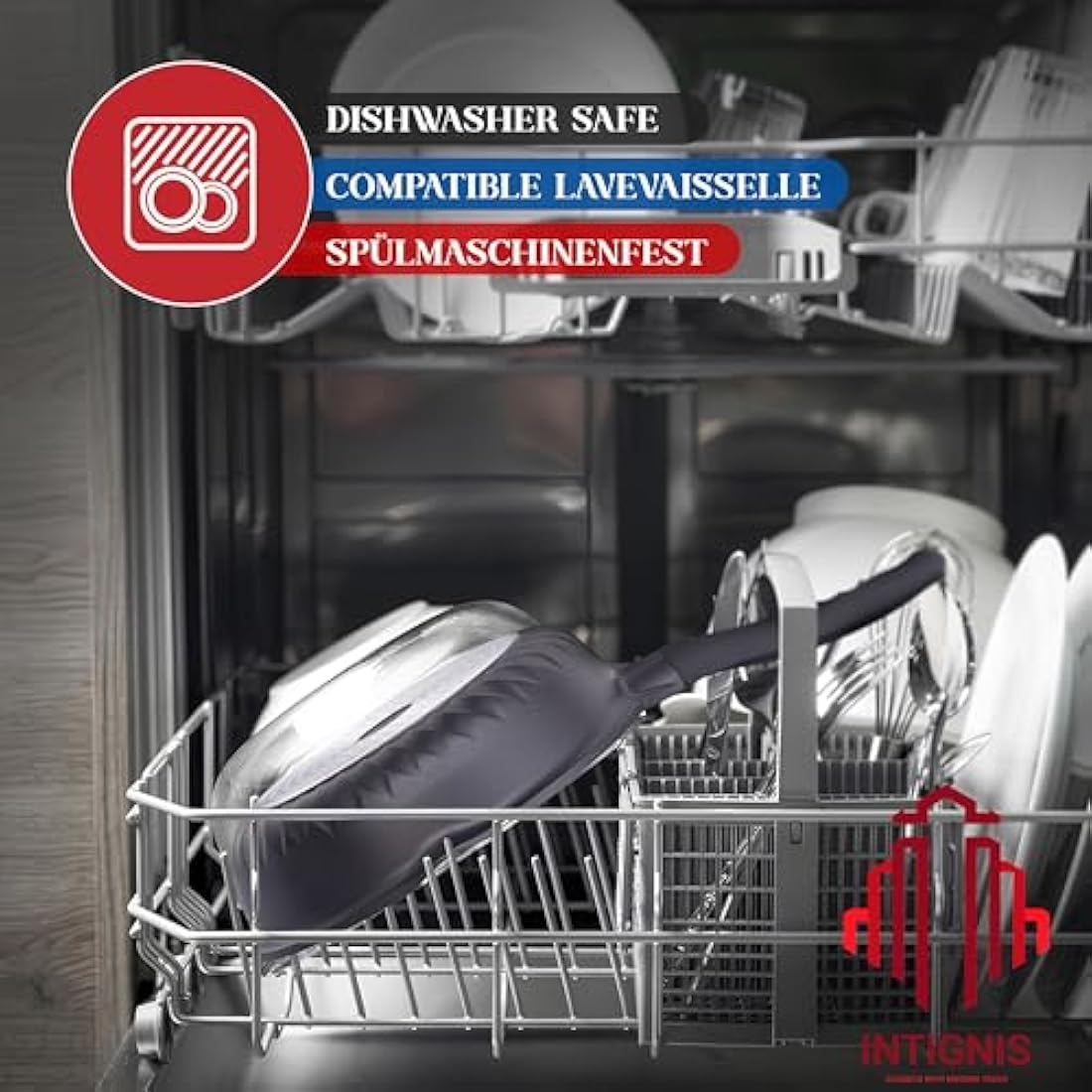 INTIGNIS Deep Non-Stick Frying Pan with Lid – 3-in-1 Sauté Pan, Skillet & Mini Wok – GREBLON Ceramic Coating | Induction Hob Safe | Stainless Steel Base |PTFE & PFOA Free (Black, 24 cm)