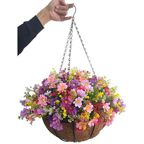 Home and Outdoors Silk Chain Hanging Basket Flowerpot Flowers DIY Artificial Daisy Red Flowers and Pink Flowers Purple (Big Basket)