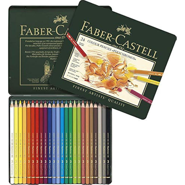Faber-Castell 110024 Artist's Colouring Pencil, 24 Polychromos Pencils in Metal Case, Includes Eraser