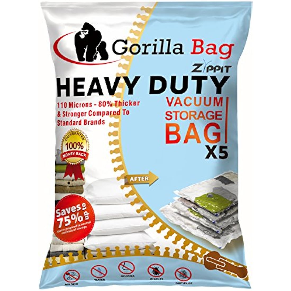 HEAVY DUTY 5 VACUUM STORAGE BAGS by Gorilla Bags, Extra Large 100x80cm. Extra Strong 110 Microns. Double Zip Seal & Unique Turbo Valve Keeps Items Compressed For Longer.