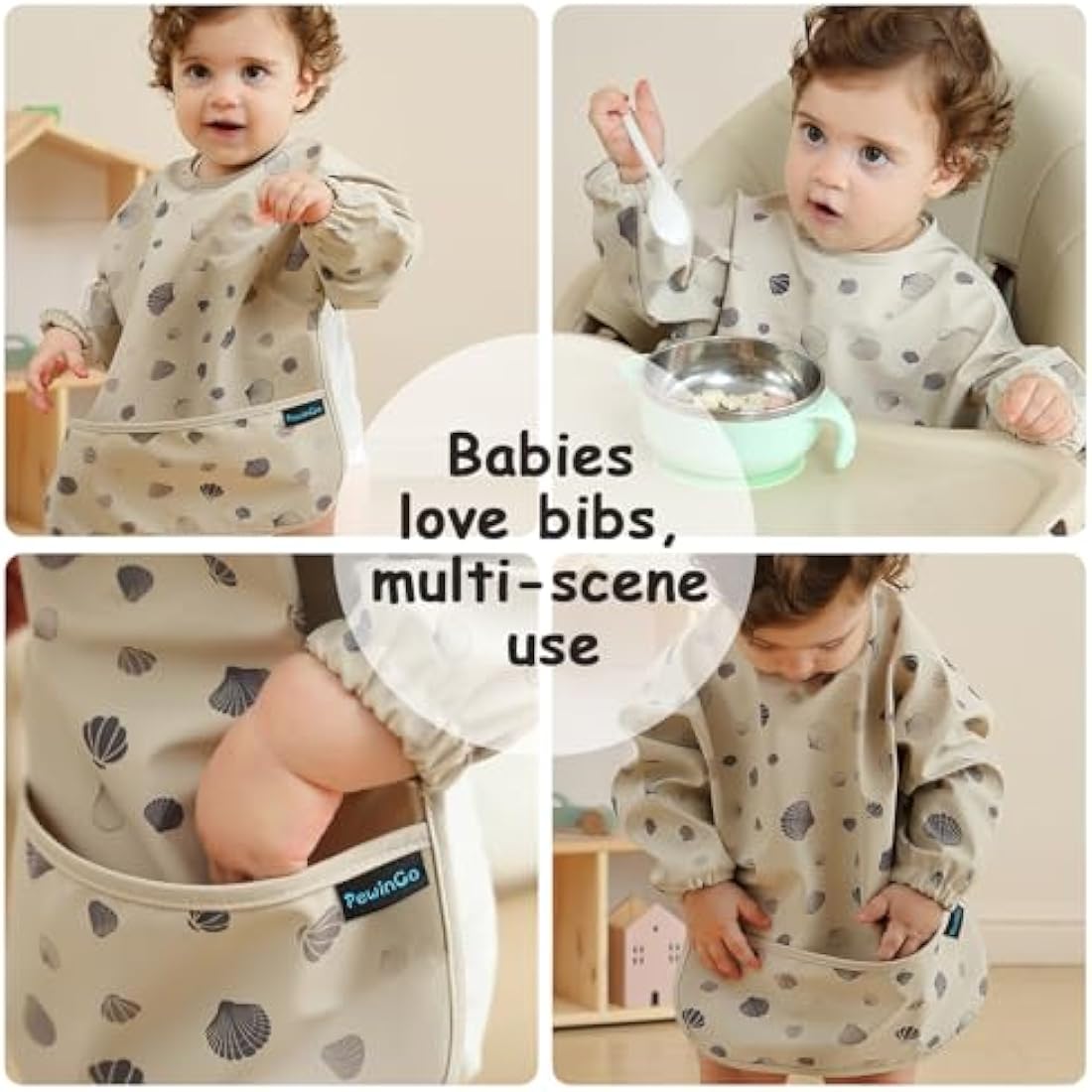 PewinGo Weaning Bib with Long Sleeves & BLW, Soft and Skin-Friendly Material, Coverall Bibs for Baby Feeding, Waterproof and Easy to Clean & Machine Washable,for Baby Infant Toddlers (Beige)