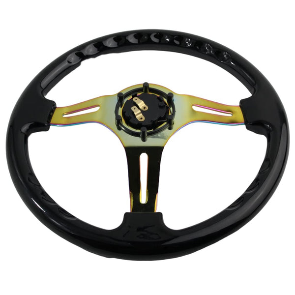 350mm Green Racing Steering Wheel Neo Chrome Spoke Universal 6 Bolts 45mm Deep Dish Classic ABS Wood Steering Wheel with Horn Button