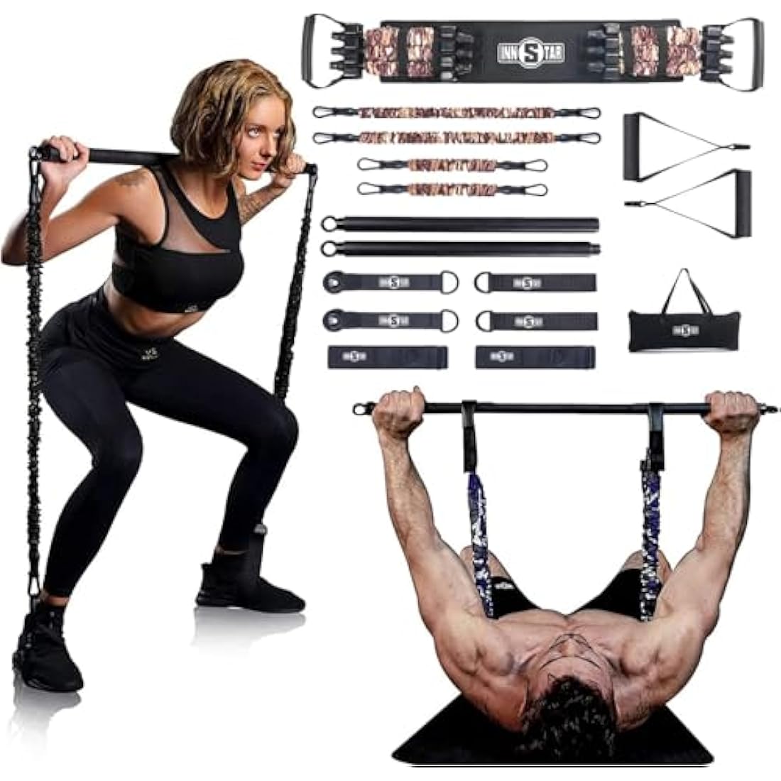 INNSTAR Portable Home Gym Set with Workout Bar, Bench Press Set, Squat Resistance Band, Door Anchor and More-Full Body Workout Equipment to Build Muscle and Shape Body