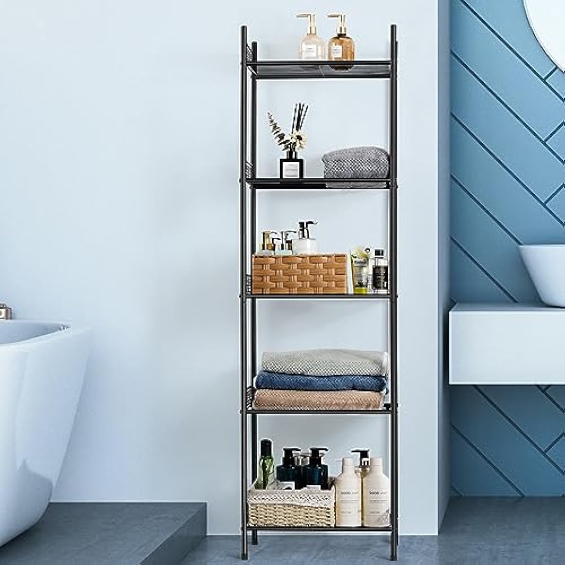 5 Tier Shelving Unit, Wire Shelving Unit Metal Storage Shelf Free Standing Storage Rack, Wire Organisation Racking Shelves for Pantry Kitchen Livingroom Bathroom Office, 41*32*145 CM, Black