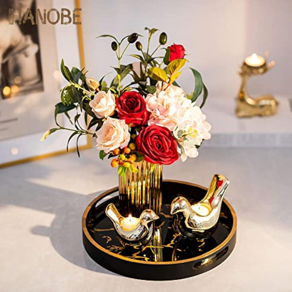 Hanobe Round Decorative Coffee Tray: Marble Pattern Serving Circle Tray with Handles Coffee Table Trays for Living Room Bar Drink Party Home Kitchen, Black