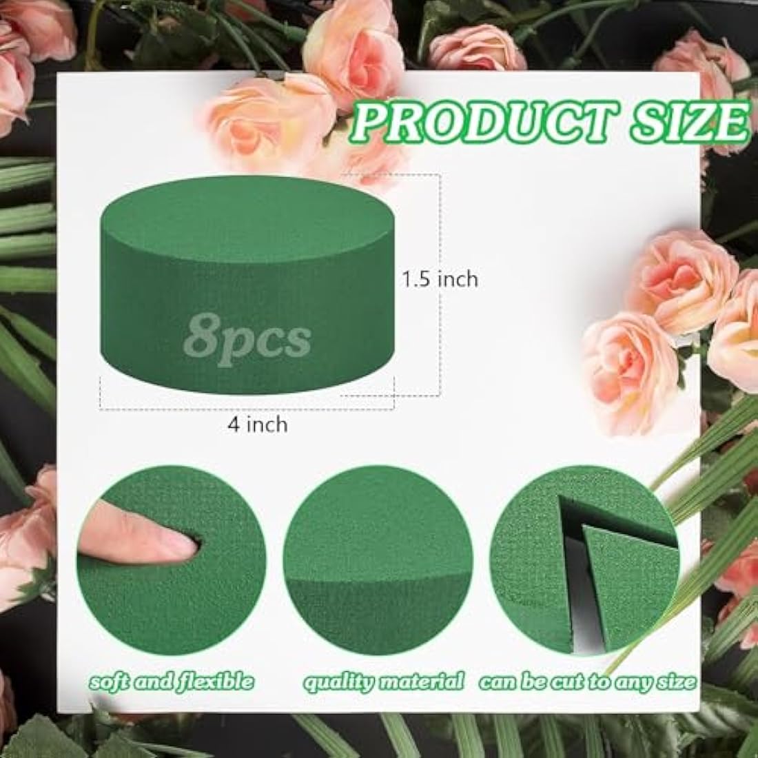8Pcs Round Floral Foam Blocks, Each Block 4" X 1.5" Green Wet Dry Flower Foam for Fresh and Artificial Flowers, Plant Foam Wedding for Garden Decor DIY Craft, Party Decoration, Flower Arrangements
