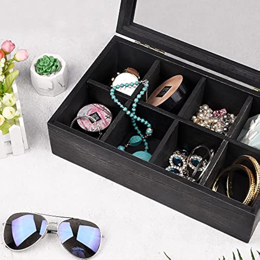 Alsonerbay Tea Box Organiser, Wooden Kitchen Tea Bag Storage Box for Organizing Spice Pouches and Sugar Packets with 8 Compartments and Clear Glass Cover Weathered Black