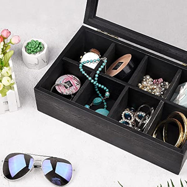 Alsonerbay Tea Box Organiser, Wooden Kitchen Tea Bag Storage Box for Organizing Spice Pouches and Sugar Packets with 8 Compartments and Clear Glass Cover Weathered Black