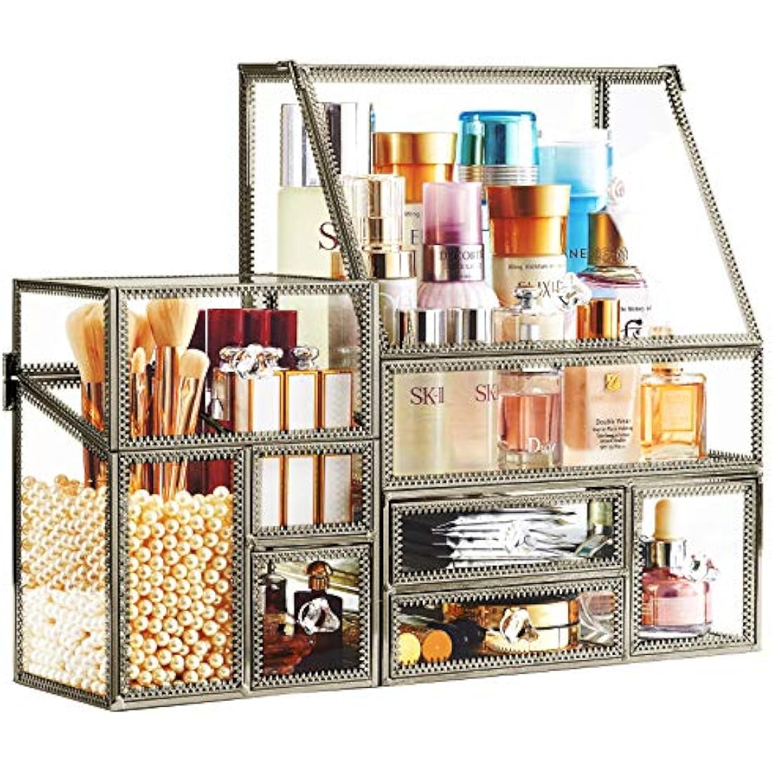 Hersoo Glass Antique Brass Stackable Drawer Set Makeup Organizer for Vanity Antique Countertop Vanity Cosmetic Storage Box Mirror Glass Beauty Display