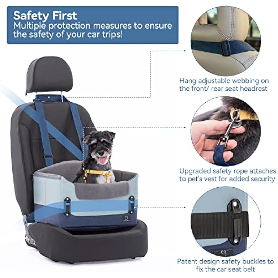 A4PET Small Dog Car Seat, Puppy Car Seat, Collapsible Puppy Car Seat with Soft Pillow Adjustable Height, Portable Car Seat for Dogs Up to 25 lbs, Blue